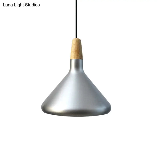 Conic Kitchen Pendant Light In Retro Style - Metal And Wood 1-Light Silver/Rose Gold 3 Sizes