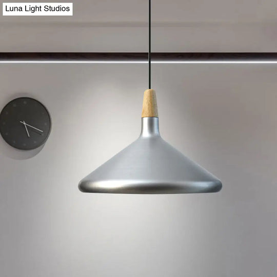 Conic Kitchen Pendant Light In Retro Style - Metal And Wood 1-Light Silver/Rose Gold 3 Sizes