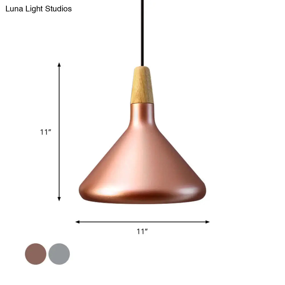 Conic Kitchen Pendant Light In Retro Style - Metal And Wood 1-Light Silver/Rose Gold 3 Sizes