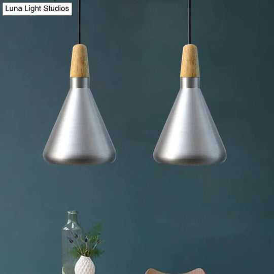 Conic Kitchen Pendant Light In Retro Style - Metal And Wood 1-Light Silver/Rose Gold 3 Sizes