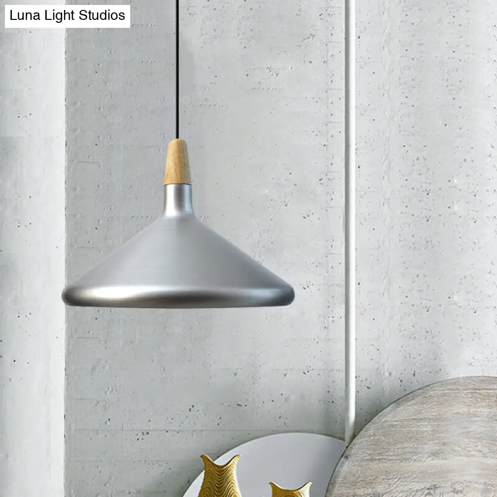 Conic Kitchen Pendant Light In Retro Style - Metal And Wood 1-Light Silver/Rose Gold 3 Sizes