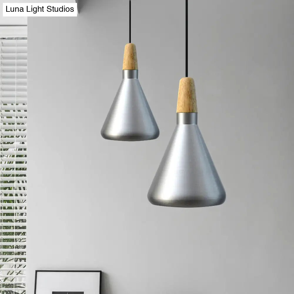 Conic Kitchen Pendant Light In Retro Style - Metal And Wood 1-Light Silver/Rose Gold 3 Sizes