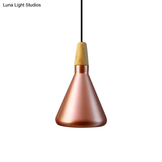 Conic Kitchen Pendant Light In Retro Style - Metal And Wood 1-Light Silver/Rose Gold 3 Sizes