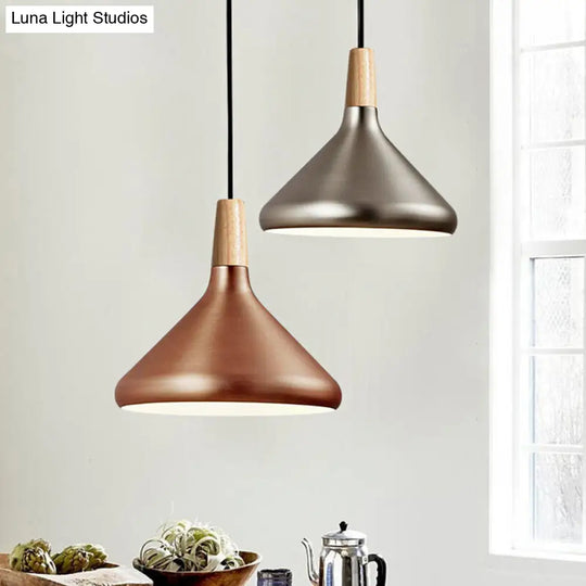 Conic Kitchen Pendant Light In Retro Style - Metal And Wood 1-Light Silver/Rose Gold 3 Sizes