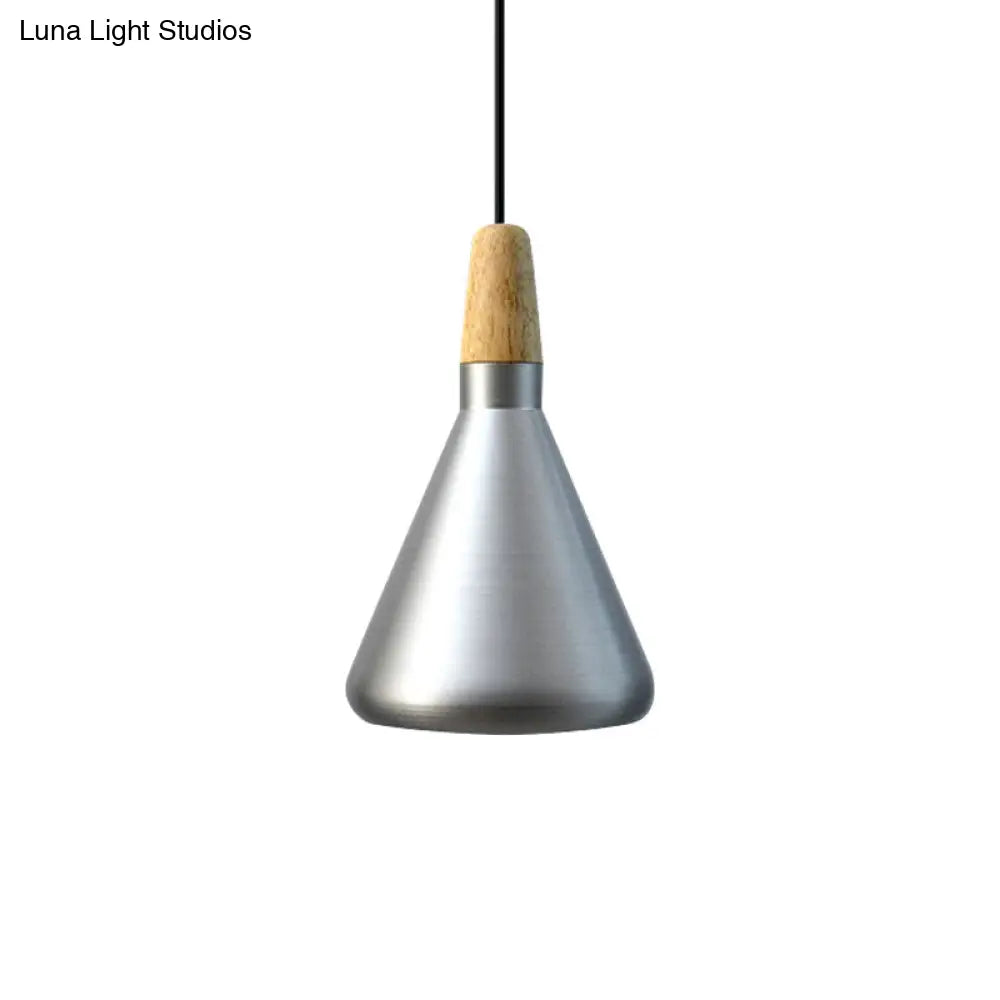 Conic Kitchen Pendant Light In Retro Style - Metal And Wood 1-Light Silver/Rose Gold 3 Sizes