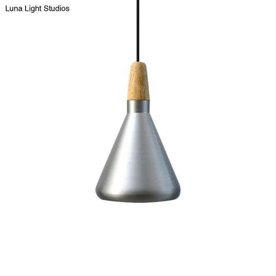 Conic Kitchen Pendant Light In Retro Style - Metal And Wood 1-Light Silver/Rose Gold 3 Sizes