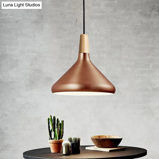 Conic Kitchen Pendant Light In Retro Style - Metal And Wood 1-Light Silver/Rose Gold 3 Sizes