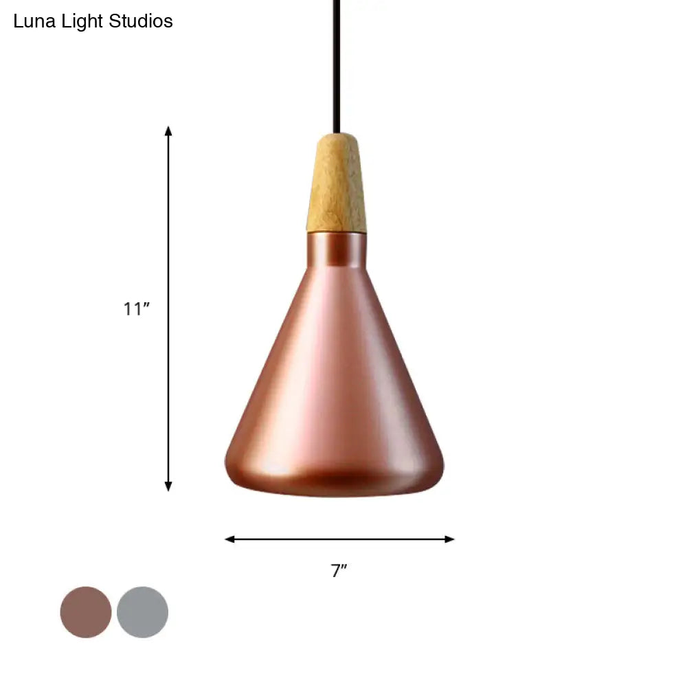 Conic Kitchen Pendant Light In Retro Style - Metal And Wood 1-Light Silver/Rose Gold 3 Sizes