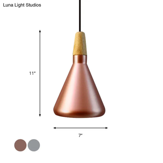 Conic Kitchen Pendant Light In Retro Style - Metal And Wood 1-Light Silver/Rose Gold 3 Sizes