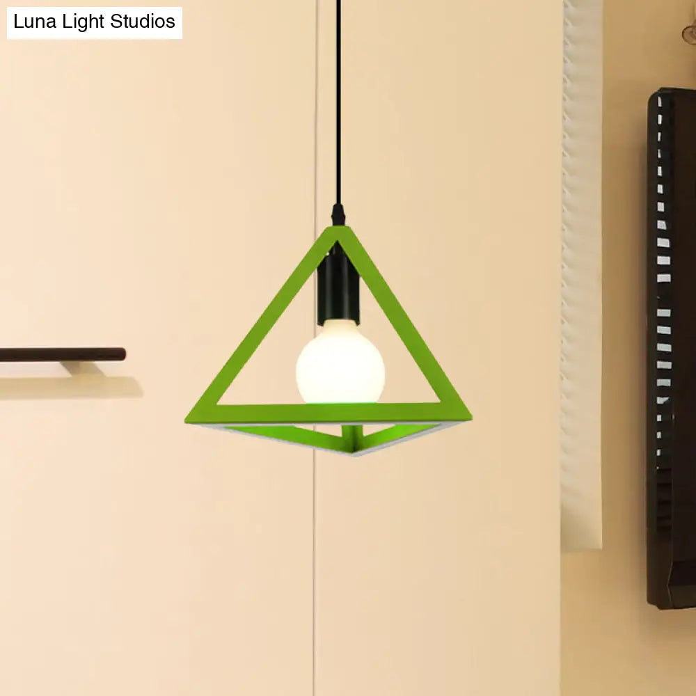 Retro Stylish Metal Hanging Lamp With Colorful Triangle Cage Shade Pendant Lighting For Living Room