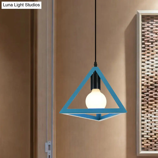 Retro Stylish Metal Hanging Lamp With Triangle Cage Shade - Red/Blue Pendant Lighting Fixture For