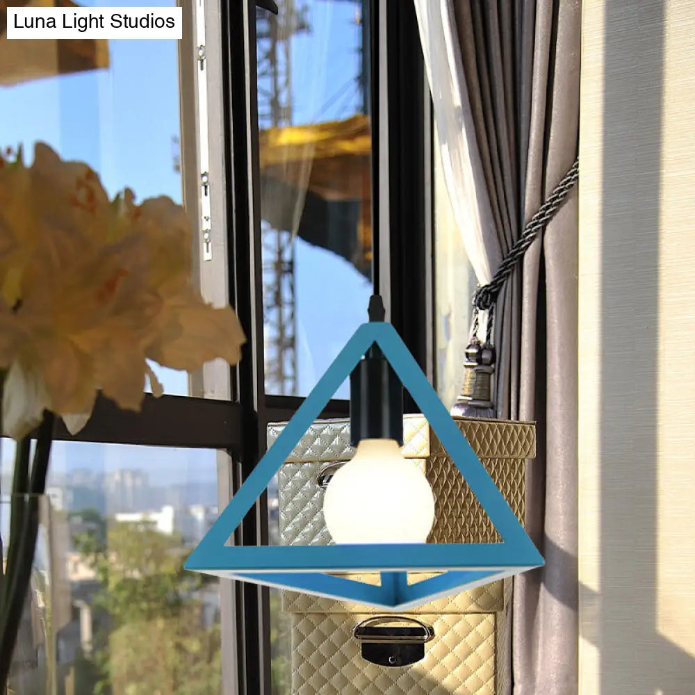 Retro Stylish Metal Hanging Lamp With Colorful Triangle Cage Shade Pendant Lighting For Living Room