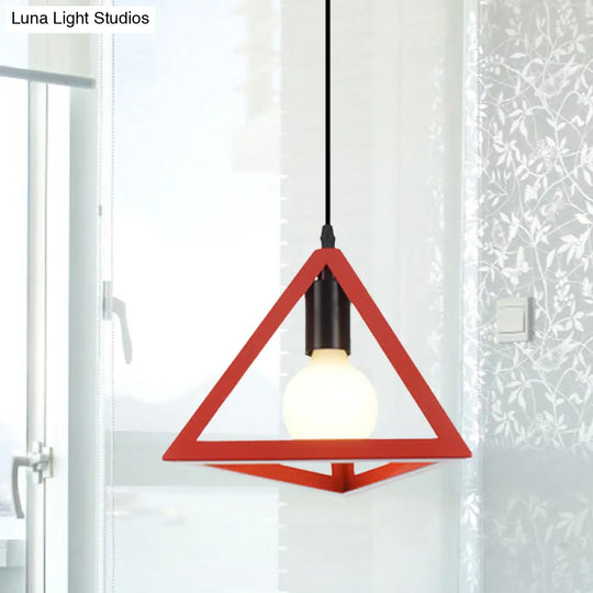 Retro Stylish Metal Hanging Lamp With Triangle Cage Shade - Red/Blue Pendant Lighting Fixture For