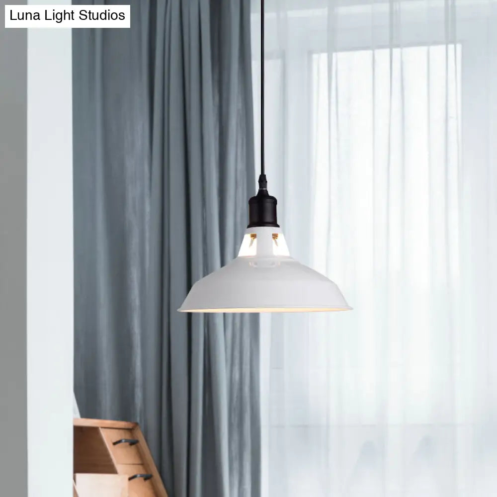 Retro Metal Barn Pendant Light With Adjustable Cord - White 1 Bulb Suspended Ceiling Lampshade