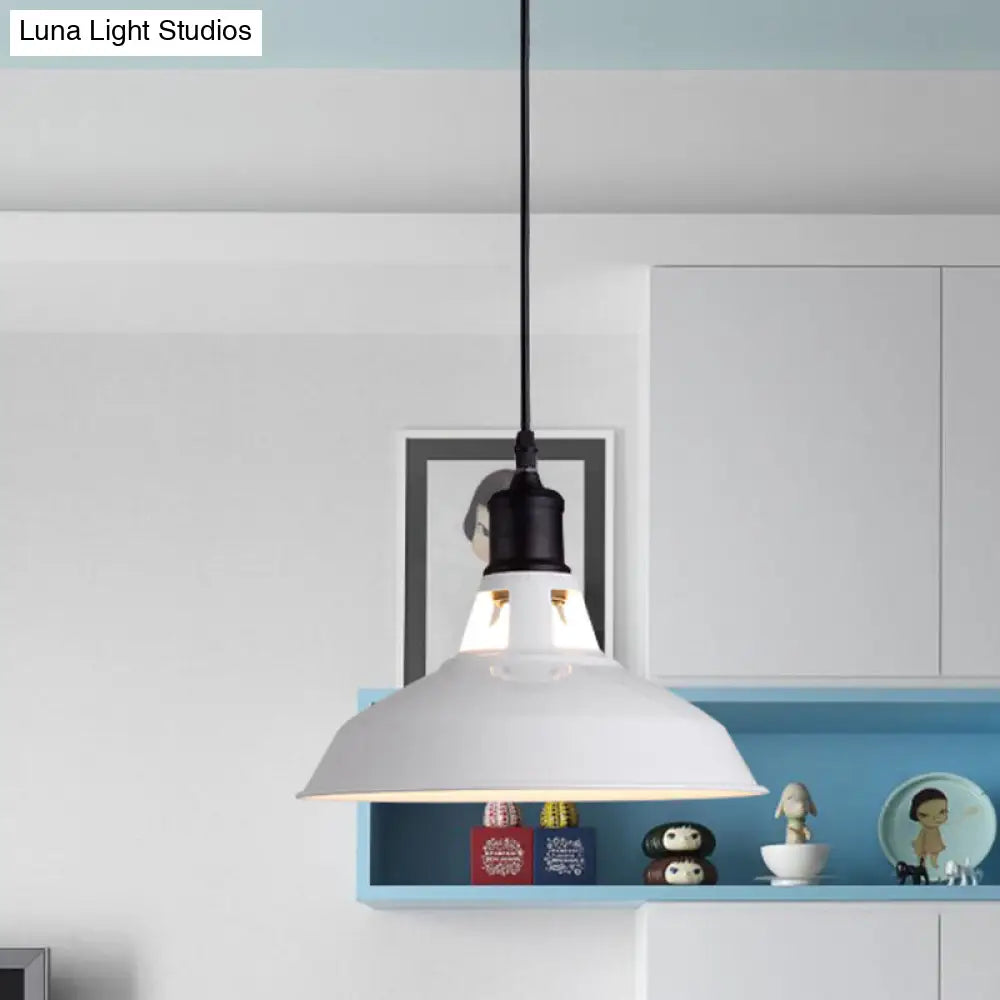 Retro Metal Barn Pendant Light With Adjustable Cord - White 1 Bulb Suspended Ceiling Lampshade