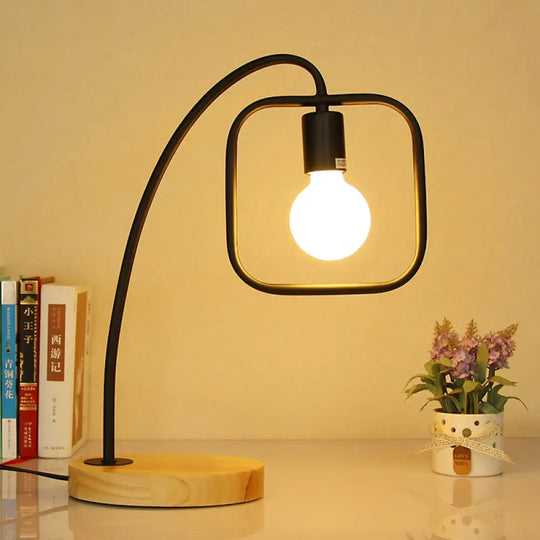 Retro Stylish Metal Table Light With Open Bulb - Frame Square Design Bedroom Standing (Black/White)