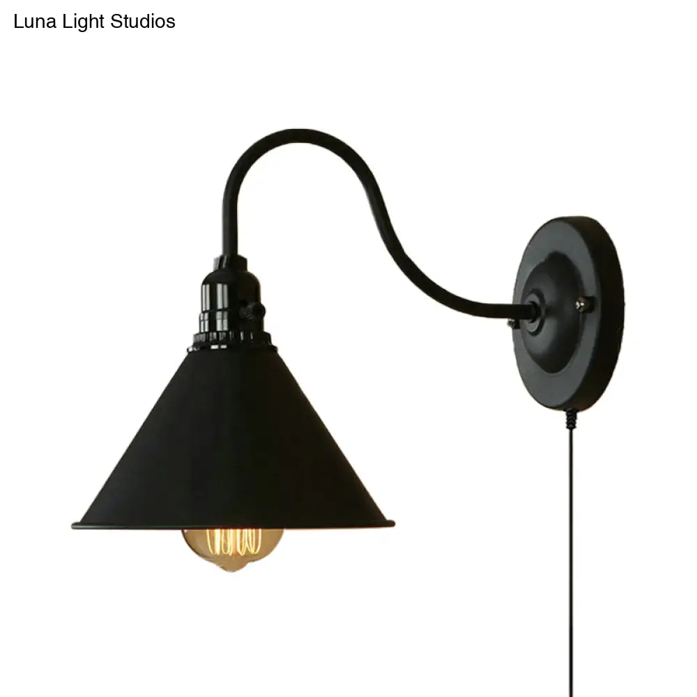 Retro Stylish Wall Sconce Lamp: Conical Metal Plug-In Light With Gooseneck Arm | Matte Black For