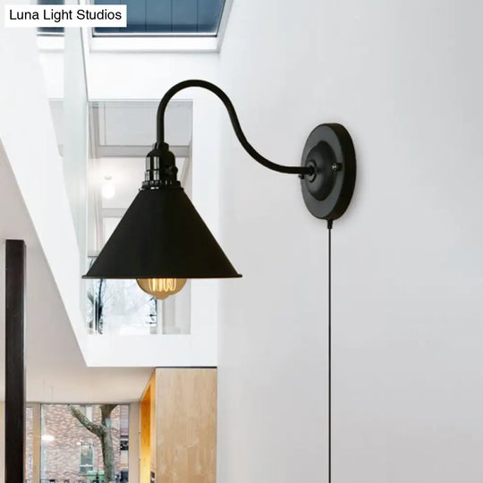 Retro Stylish Wall Sconce Lamp: Conical Metal Plug-In Light With Gooseneck Arm | Matte Black For