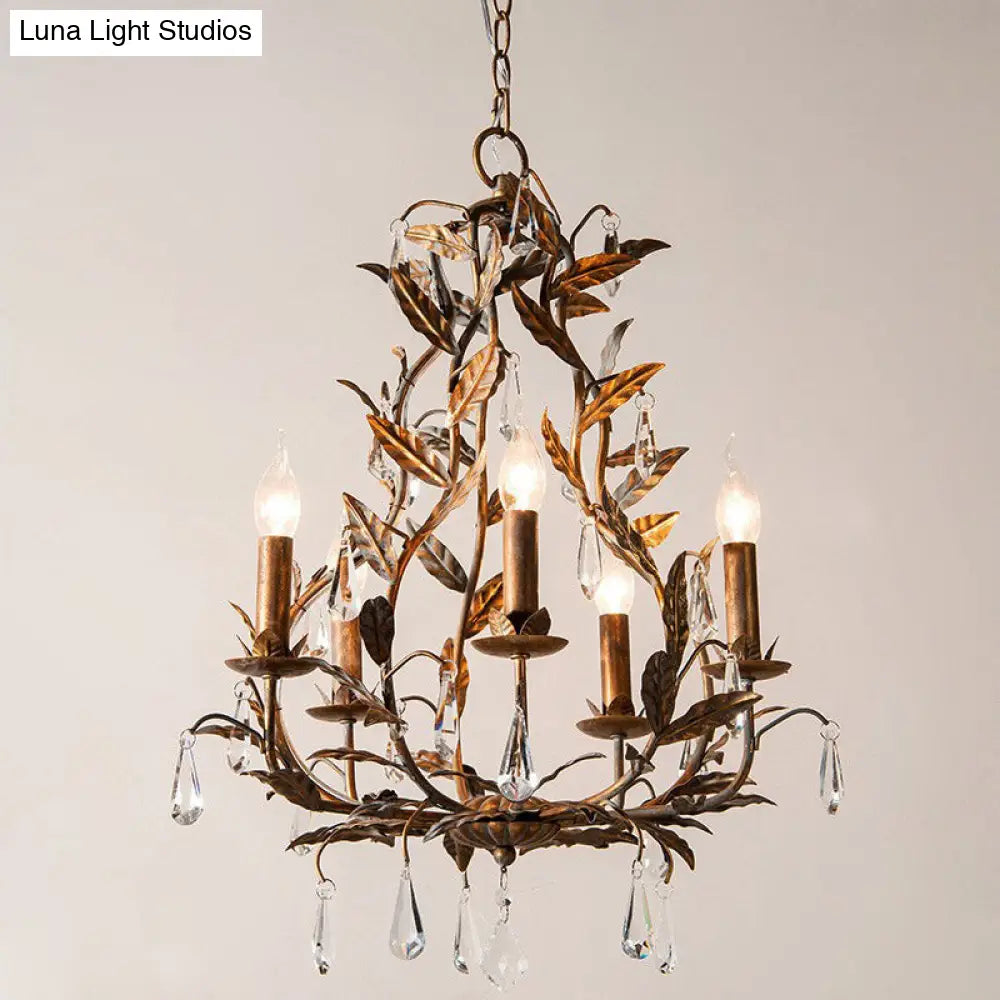 Retro Suspension Light - 5-Head Metallic Chandelier With Hanging Crystal