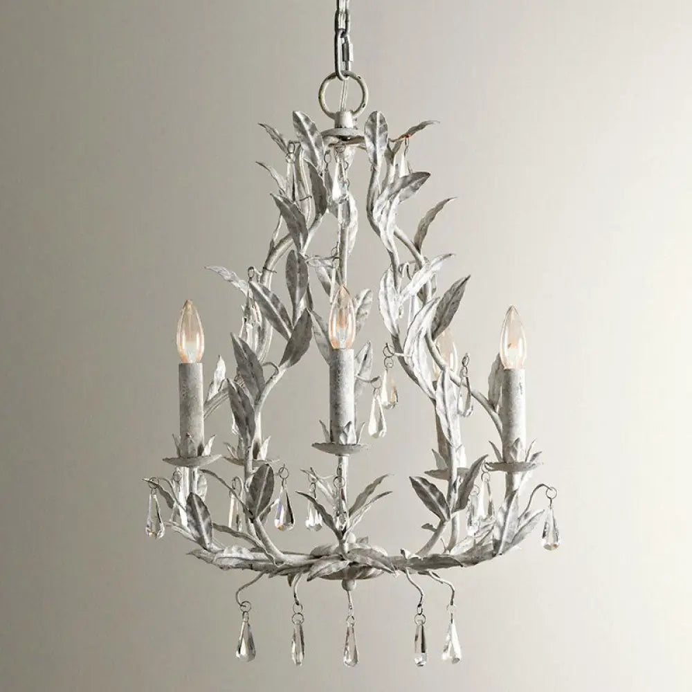 Retro Suspension Light - 5-Head Metallic Chandelier With Hanging Crystal Distressed White