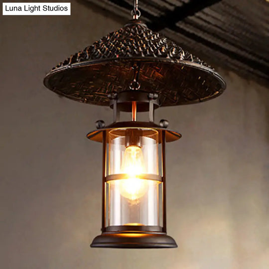 Retro Suspension Lighting: Single Straw Hat Metal Pendant Light With Glass Shade For Restaurants