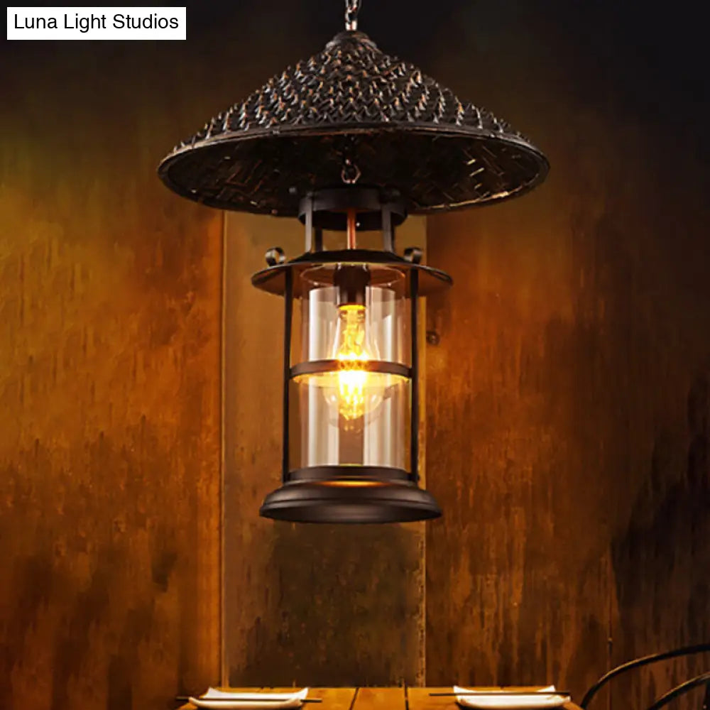 Retro Single Pendant Ceiling Light With Glass Shade - Straw Hat Metal Suspension Lighting For