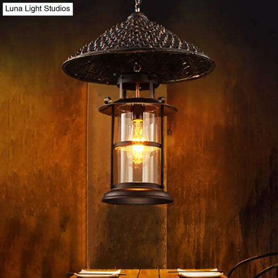 Retro Single Pendant Ceiling Light With Glass Shade - Straw Hat Metal Suspension Lighting For