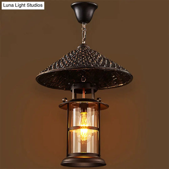 Retro Single Pendant Ceiling Light With Glass Shade - Straw Hat Metal Suspension Lighting For