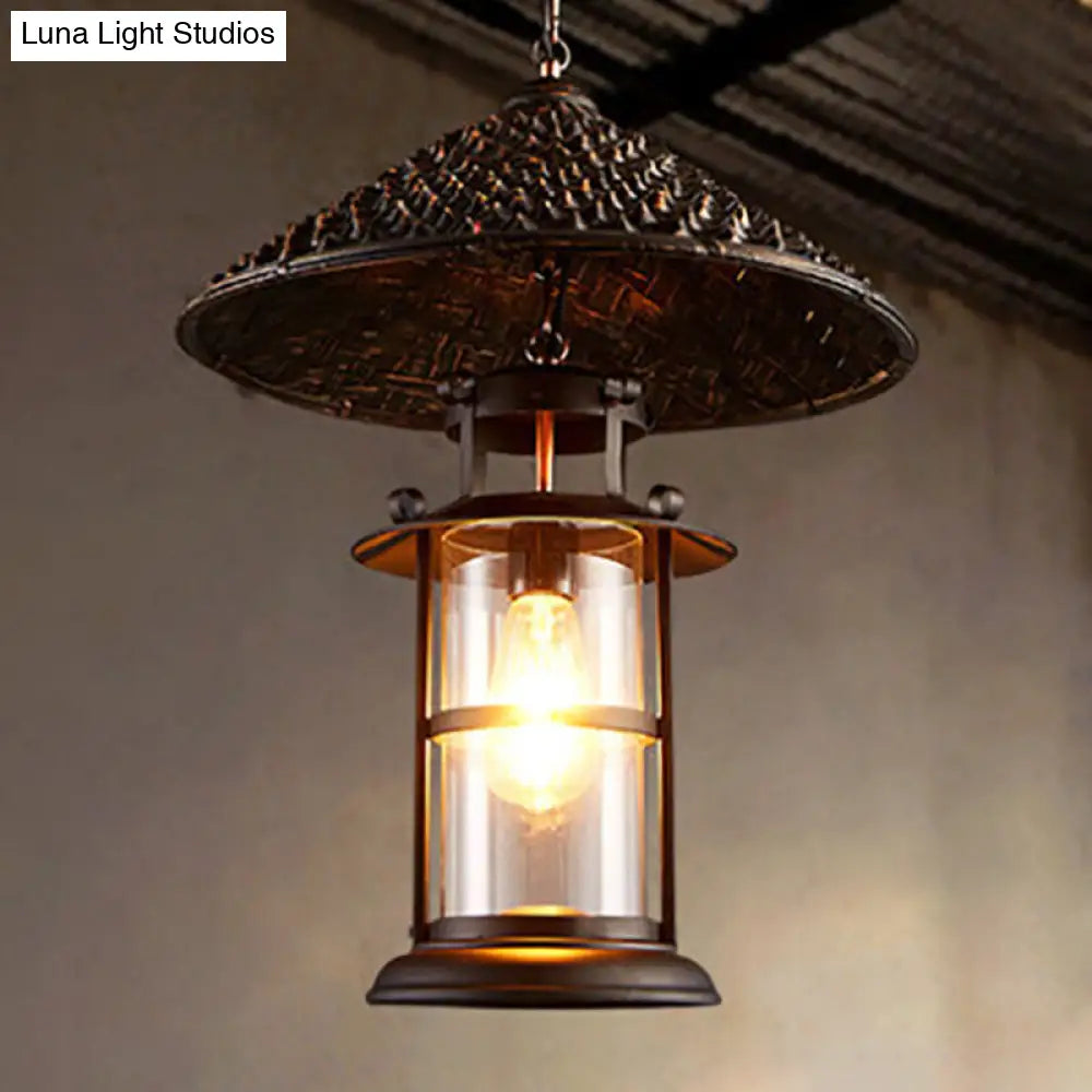 Retro Single Pendant Ceiling Light With Glass Shade - Straw Hat Metal Suspension Lighting For