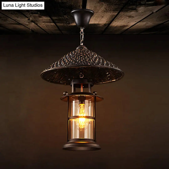 Retro Single Pendant Ceiling Light With Glass Shade - Straw Hat Metal Suspension Lighting For