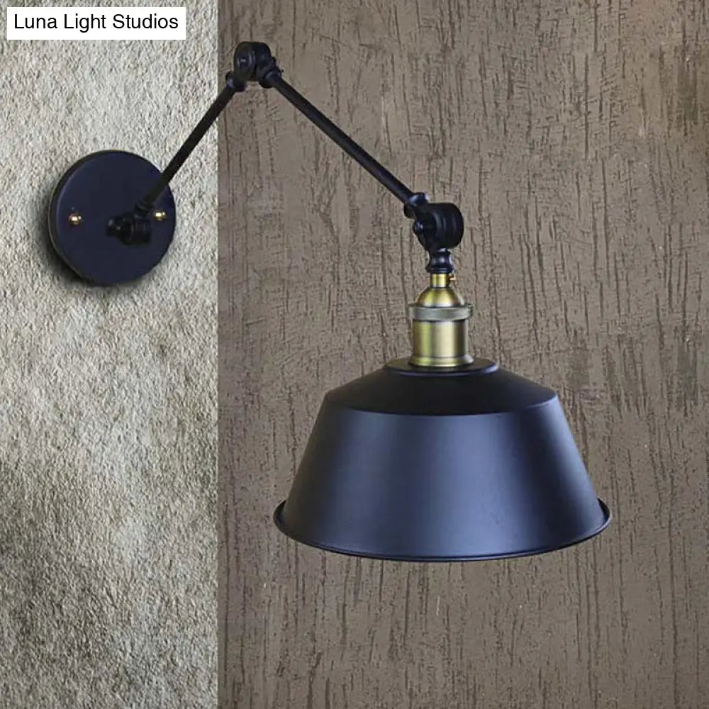 Retro Swing Arm Sconce Lighting - Metallic Wall Light Fixture With Tapered Shade In Black