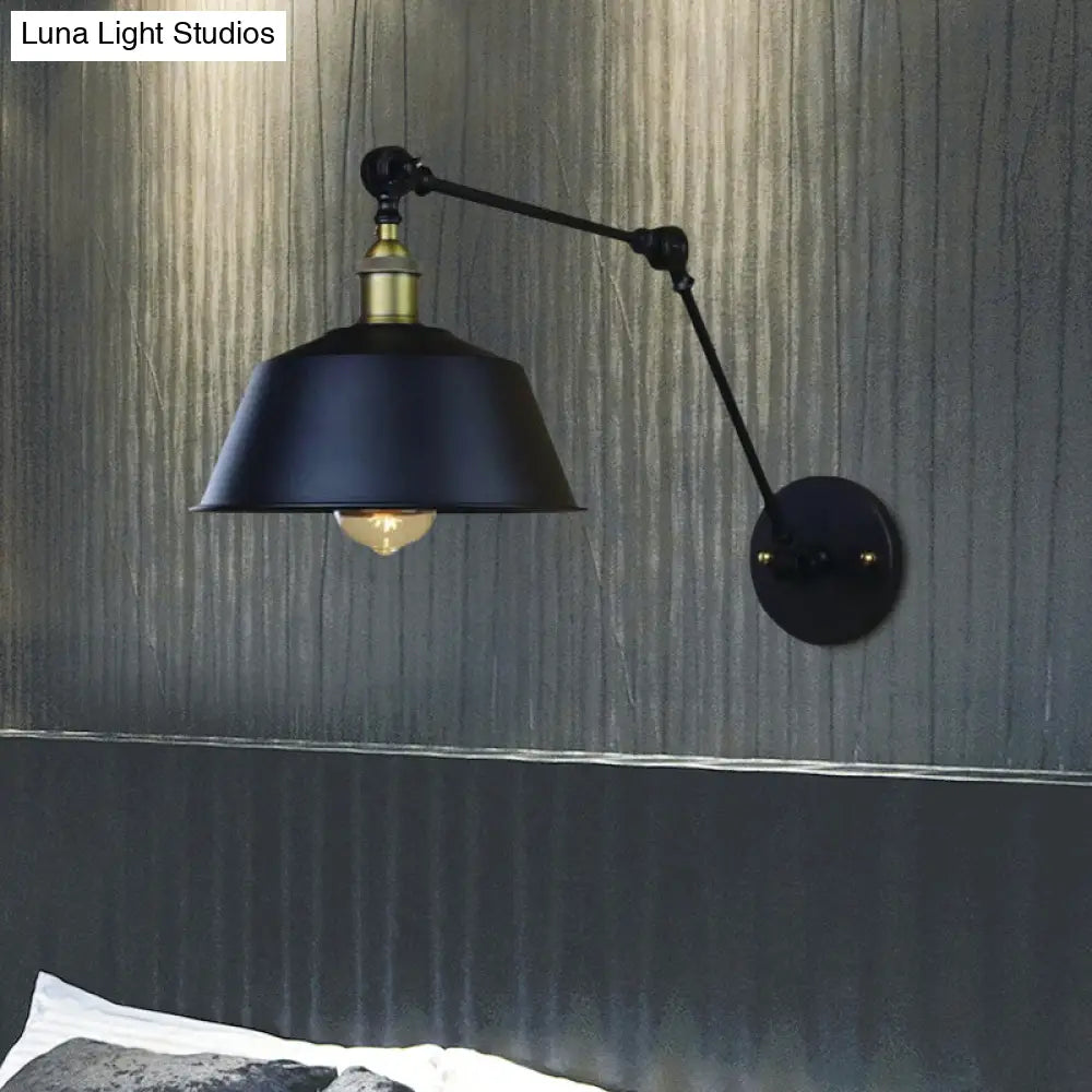 Retro Swing Arm Sconce Lighting - Metallic Wall Light Fixture With Tapered Shade In Black