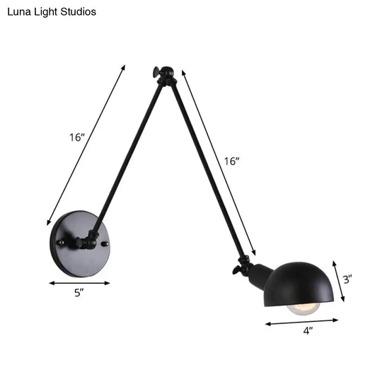 Retro Swing Arm Wall Lamp - Single-Bulb Iron Lighting With Bowl Shade Black 8+8/12+12