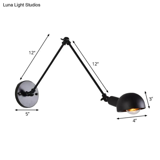 Retro Swing Arm Wall Lamp - Single-Bulb Iron Lighting With Bowl Shade Black 8+8/12+12