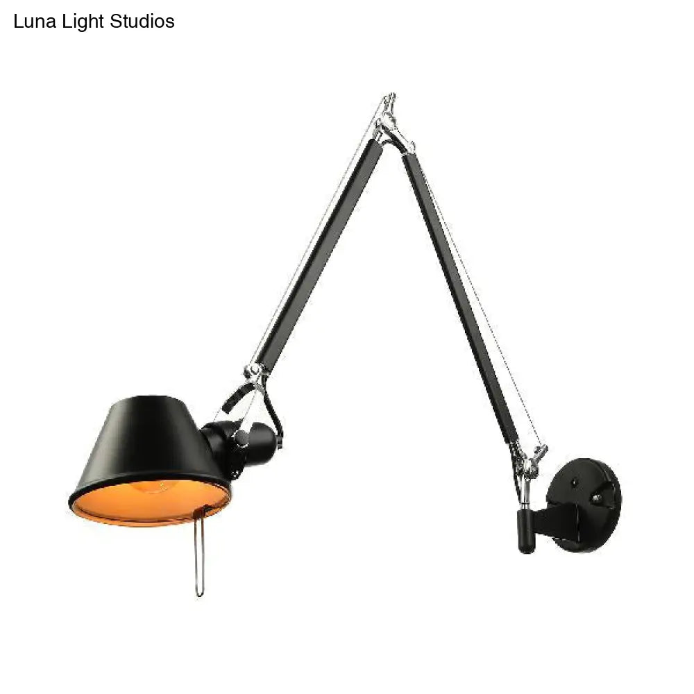 Retro Swing Arm Wall Lamp With Metallic Finish And Tapered Design - Ideal For Study Room Lighting