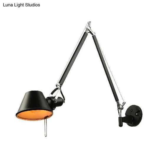 Retro Swing Arm Wall Lamp With Metallic Finish And Tapered Design - Ideal For Study Room Lighting