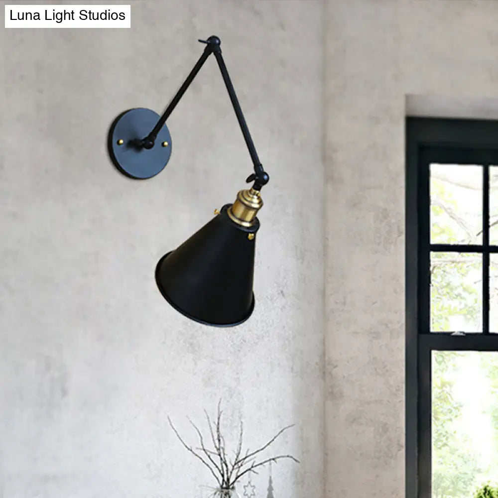 Retro Swing Arm Wall Light With Conic Shade - Indoor Black Metal Mount 1