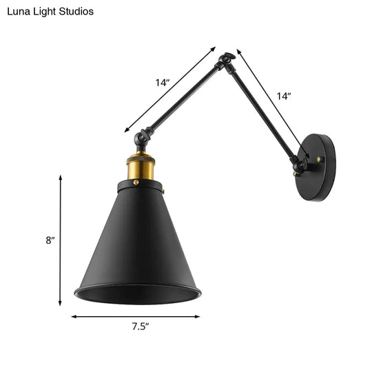 Retro Swing Arm Wall Light With Conic Shade - Indoor Black Metal Mount 1