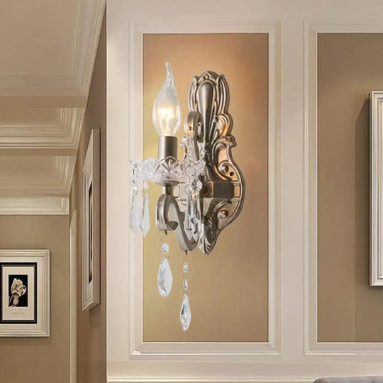 Retro Swirl Arm Silver Finish Wall Sconce With Crystal Drop - Stylish Living Room Lighting 1 /