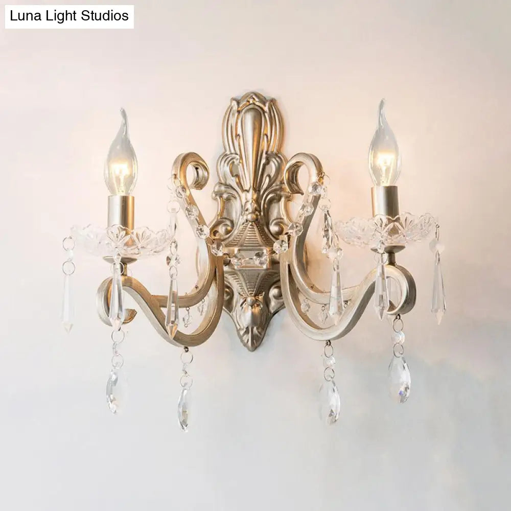 Retro Swirl Arm Silver Finish Wall Sconce With Crystal Drop - Stylish Living Room Lighting