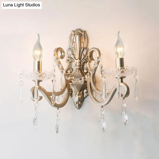 Retro Swirl Arm Silver Finish Wall Sconce With Crystal Drop - Stylish Living Room Lighting