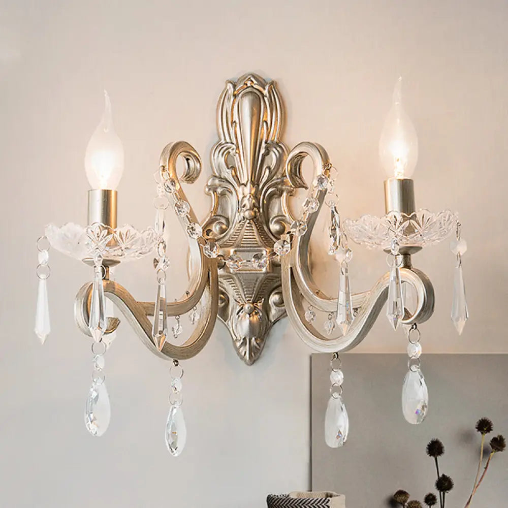 Retro Swirl Arm Silver Finish Wall Sconce With Crystal Drop - Stylish Living Room Lighting 2 /