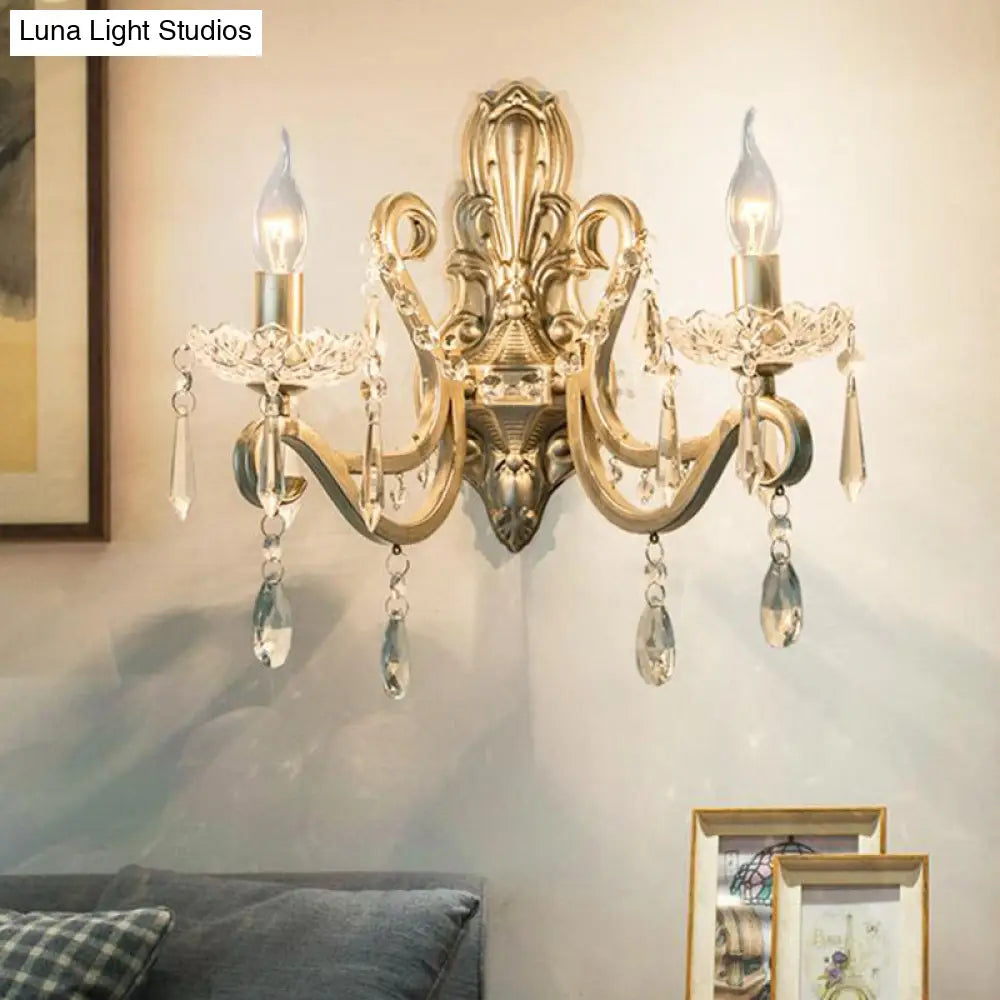 Retro Swirl Arm Silver Finish Wall Sconce With Crystal Drop - Stylish Living Room Lighting