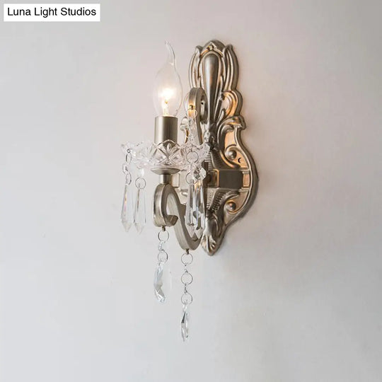 Retro Swirl Arm Silver Finish Wall Sconce With Crystal Drop - Stylish Living Room Lighting