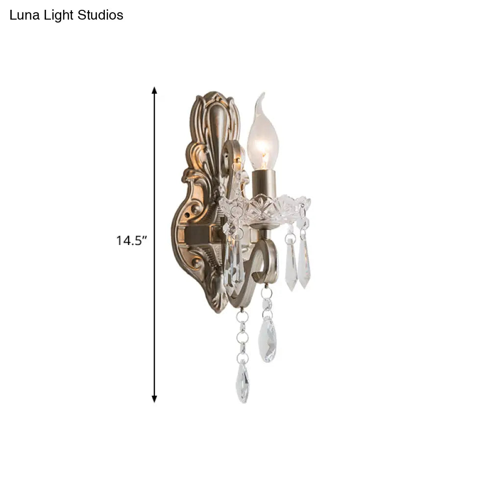 Retro Swirl Arm Silver Finish Wall Sconce With Crystal Drop - Stylish Living Room Lighting