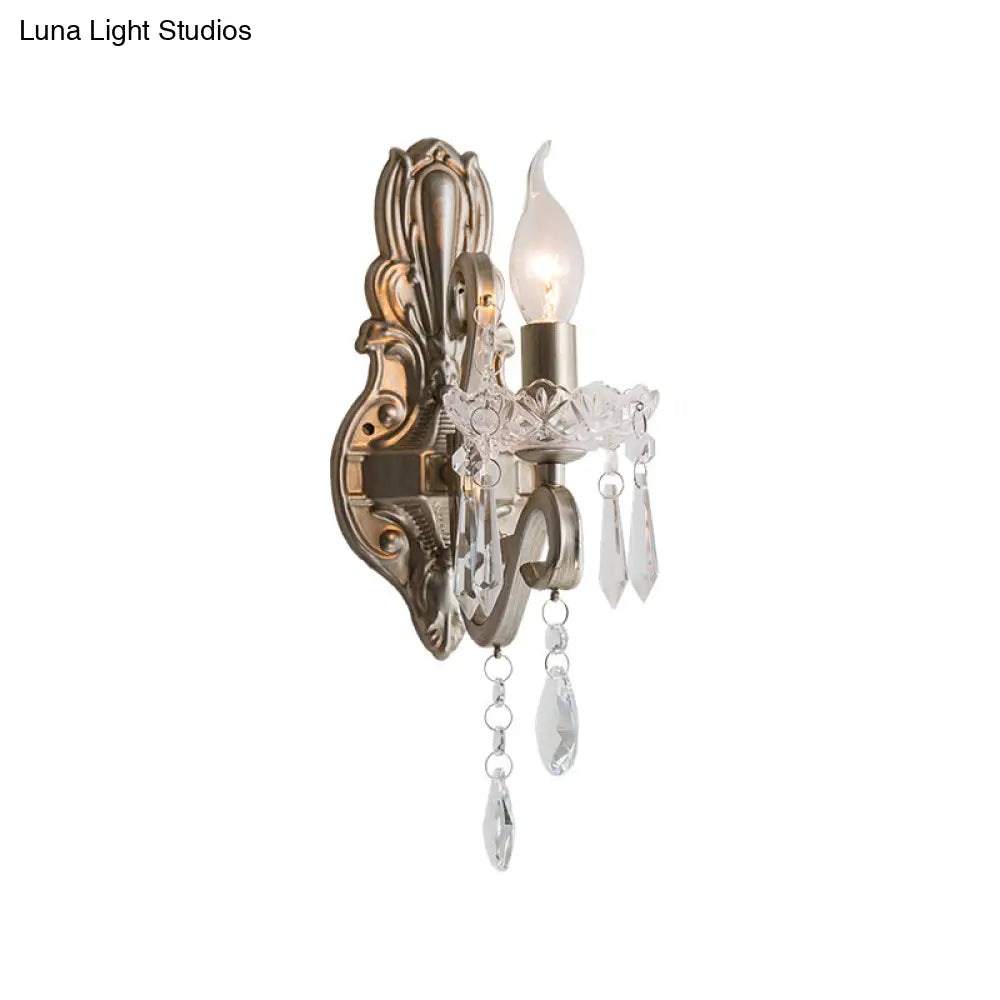 Retro Swirl Arm Silver Finish Wall Sconce With Crystal Drop - Stylish Living Room Lighting