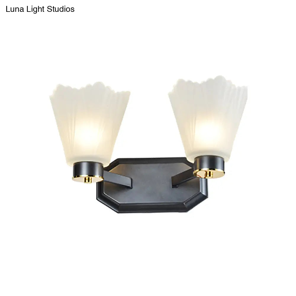 Retro Tapered Milk Glass Wall Light With Metal Straight Arm - Black Finish Perfect For Living Room