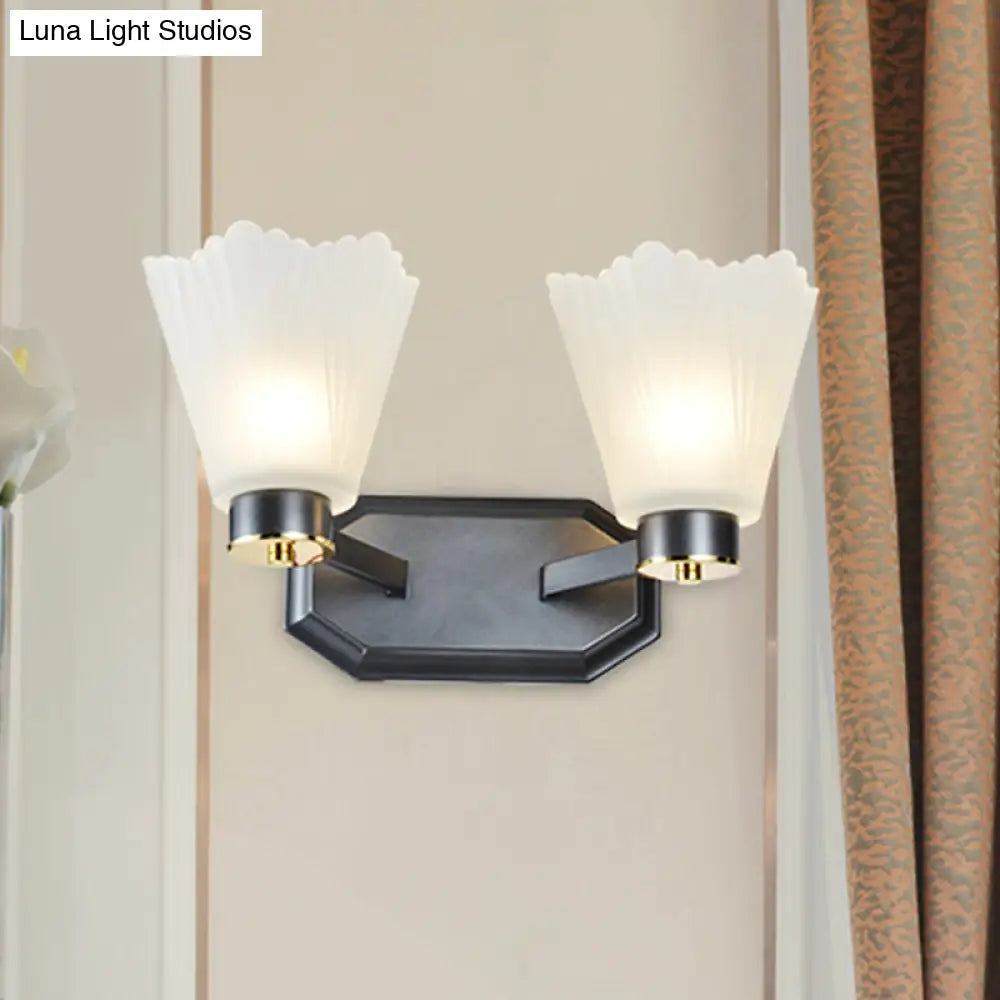 Retro Tapered Milk Glass Wall Light With Metal Straight Arm - Black Finish Perfect For Living Room