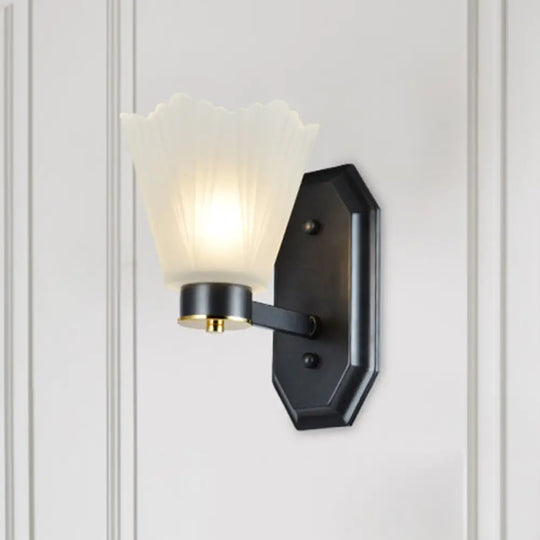 Retro Tapered Milk Glass Wall Light With Metal Straight Arm - Black Finish Perfect For Living Room