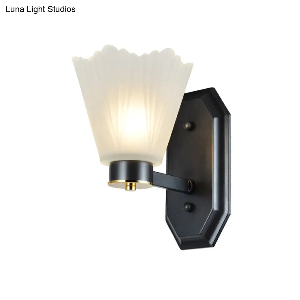 Retro Tapered Milk Glass Wall Light With Metal Straight Arm - Black Finish Perfect For Living Room